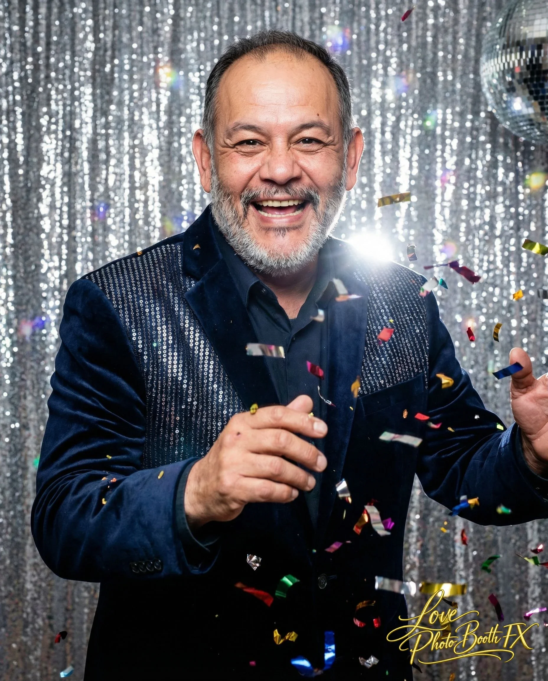 A joyful middle-aged man with a beard and gray hair, wearing a dark blue velvet blazer with shiny embellishments, celebrating with colorful confetti against a silver glittering backdrop, with a bright light shining behind him.