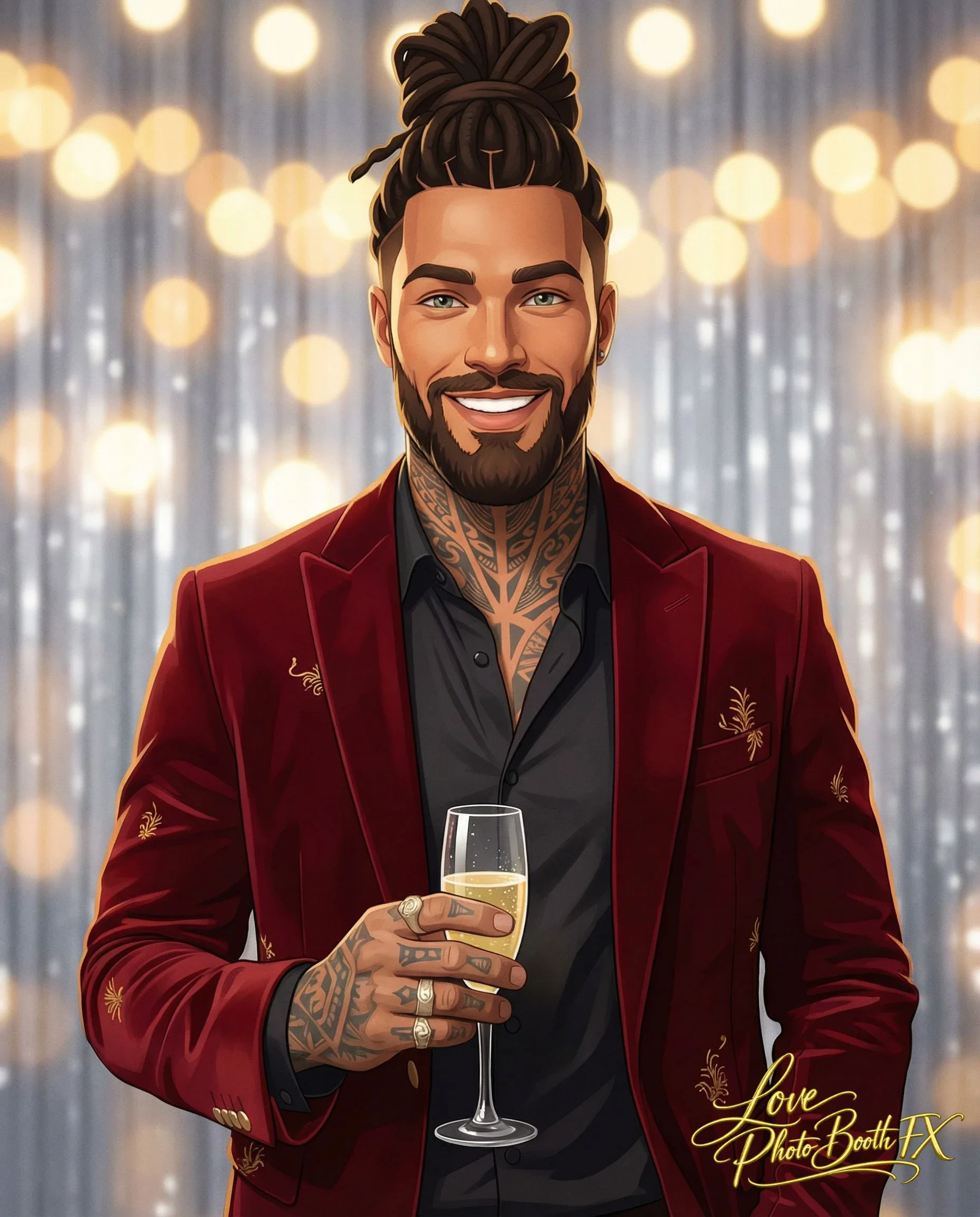 Animated illustration of a man with a beard and dreadlocks tied up, wearing a red velvet blazer with gold embroidery, holding a glass of champagne, smiling against a blurred background with bright lights.