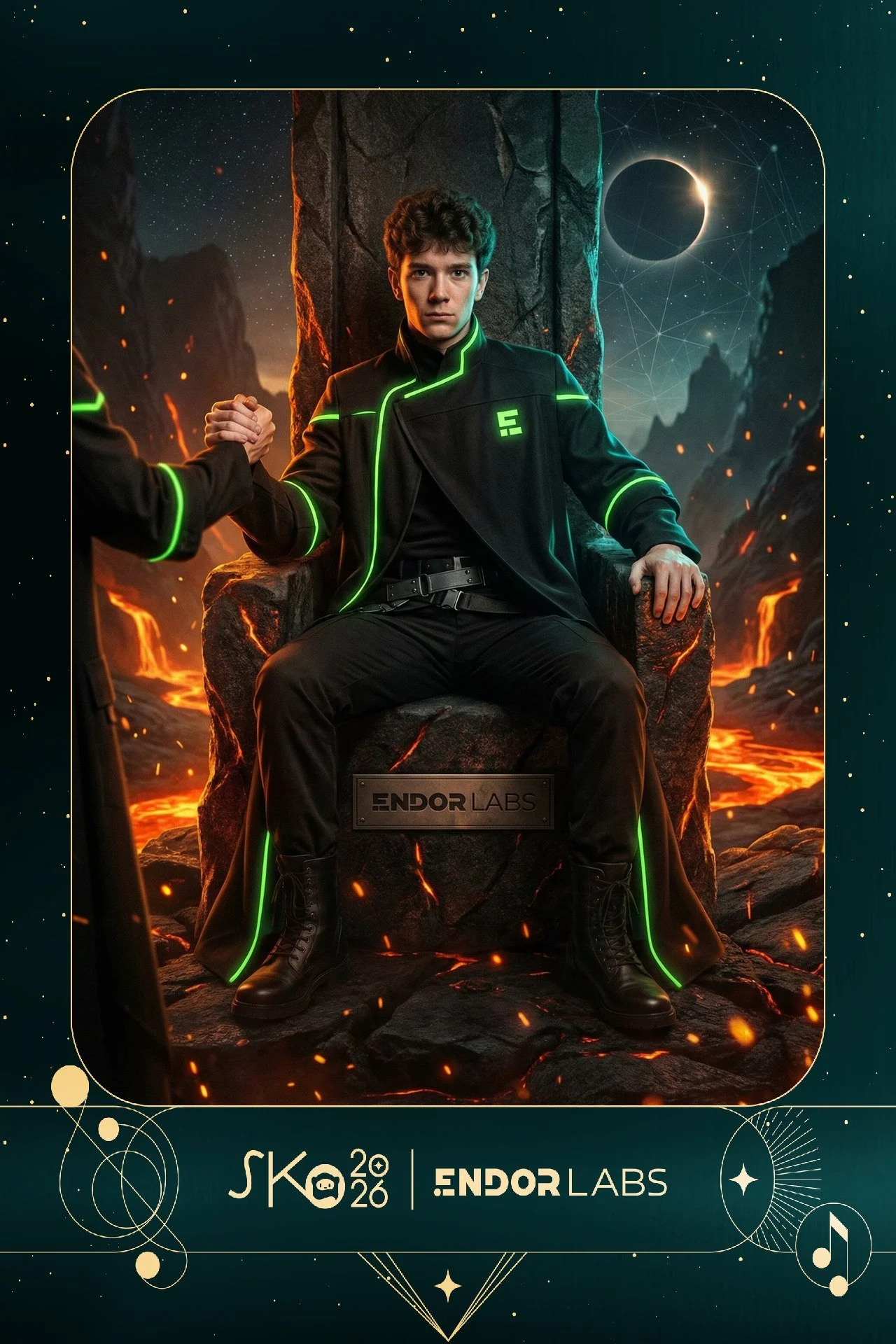 A young man dressed in a black futuristic outfit with green glowing accents, sitting on a throne-like rock in a volcanic landscape with lava and mountains, shaking hands with another person in a similar outfit. The scene includes a night sky with sta