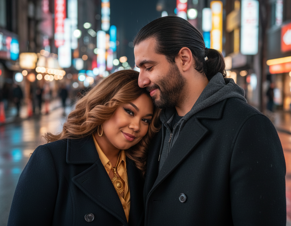 A couple in dark coats smiling in a city street at night with colorful blurred neon lights.