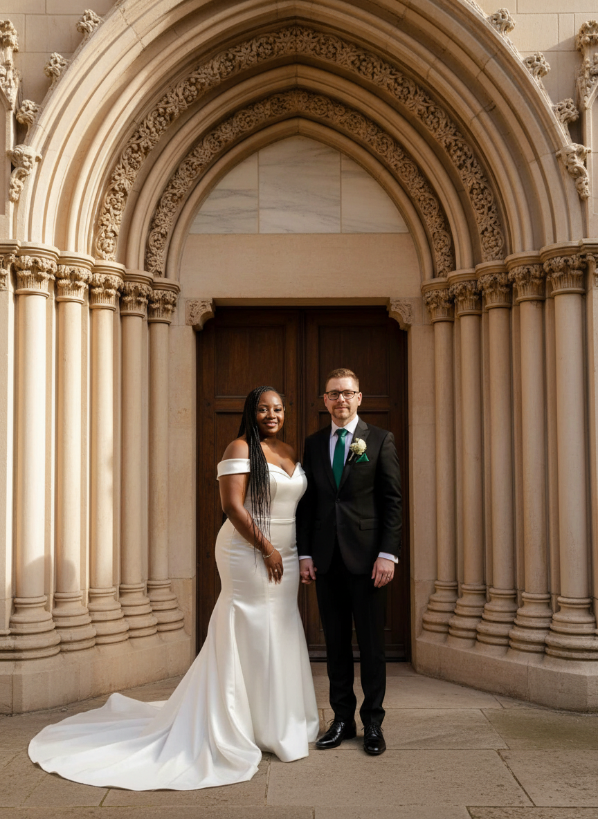 Bride and groom standing together inside a church with ornate stone archway behind them.