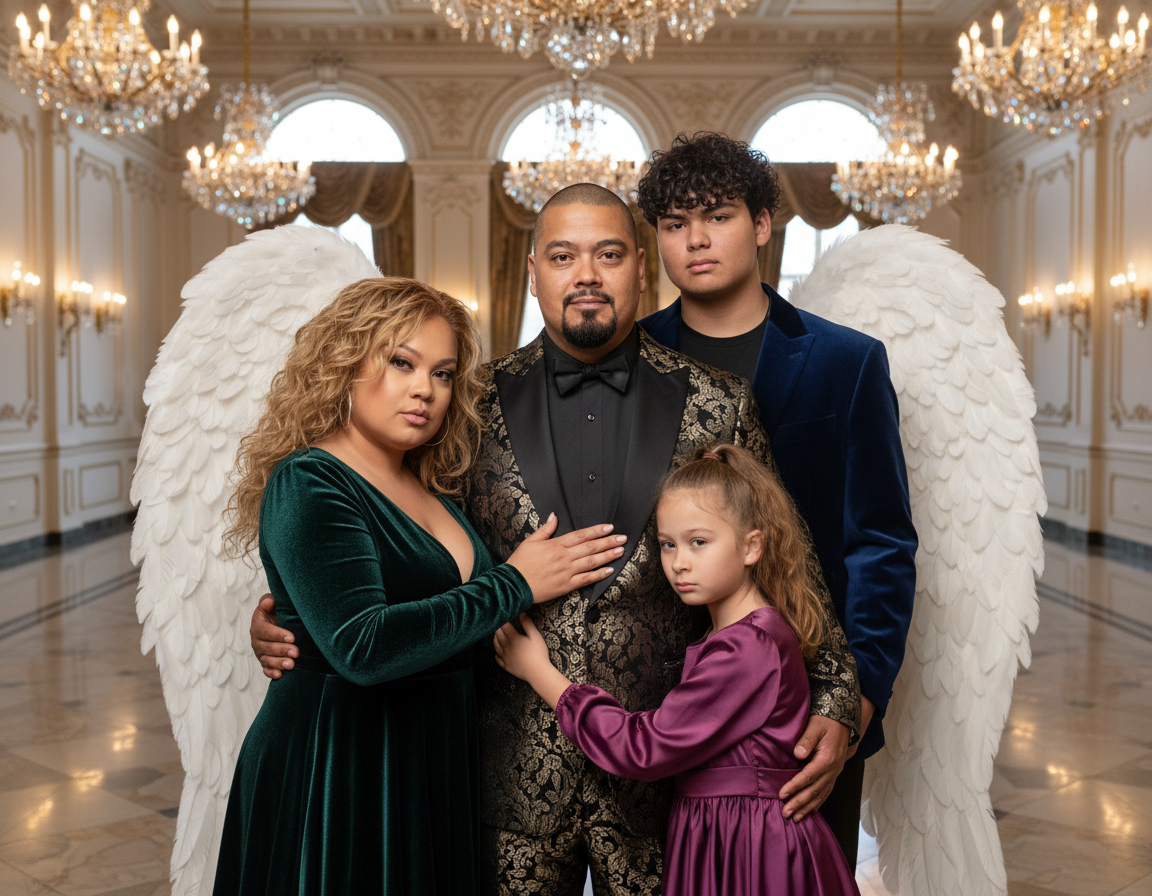 A group of four people standing together in an elegant, chandelier-lit ballroom, with a man in the center wearing a black tuxedo with gold patterns, and two young women with angel wings on his sides, all dressed in formal attire.