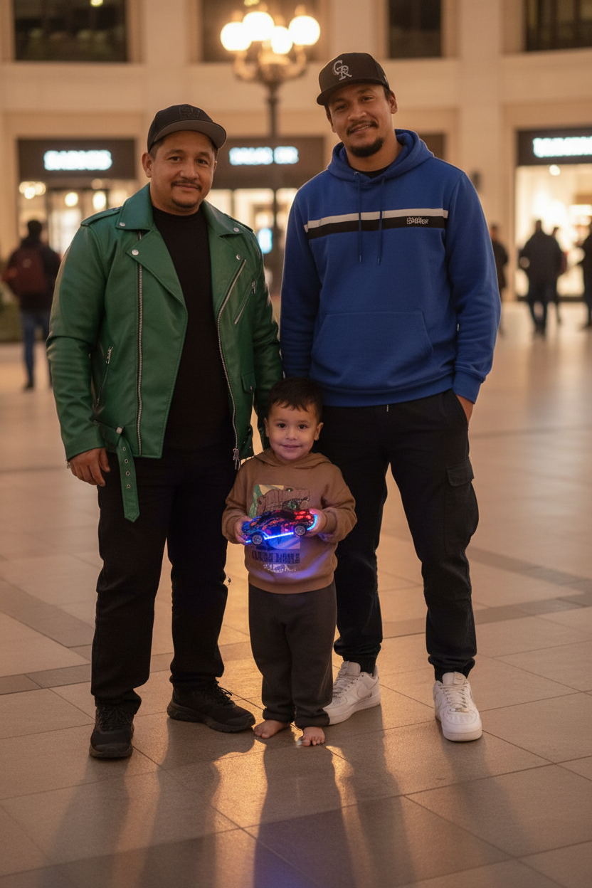 Three males, two adults and one child, standing together in a shopping mall during the evening. The children is holding a toy car with lights. Background shows the mall's interior with people and store signs.