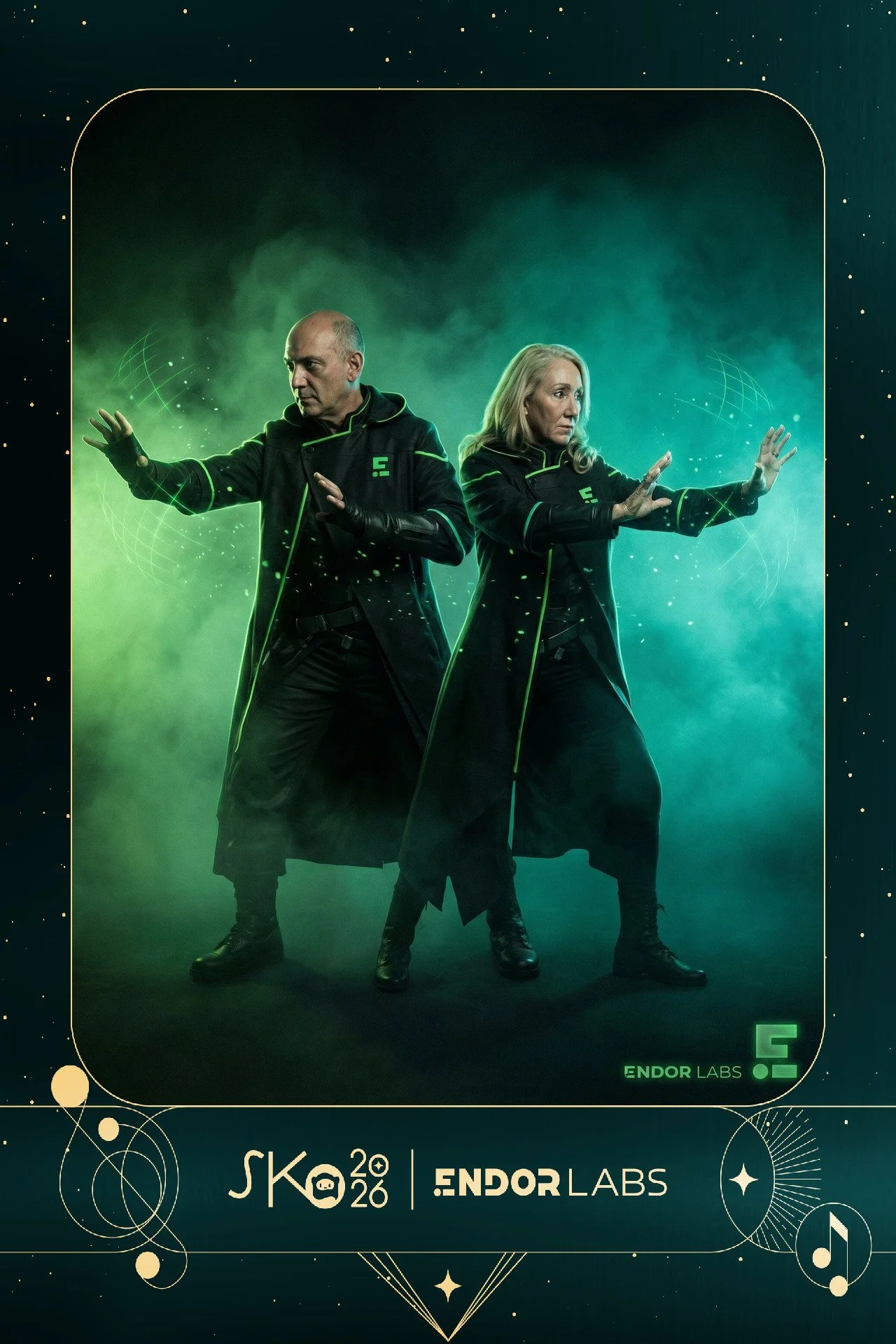 Two people dressed in black and green futuristic costumes in a sci-fi pose, with a green foggy background and digital graphics.