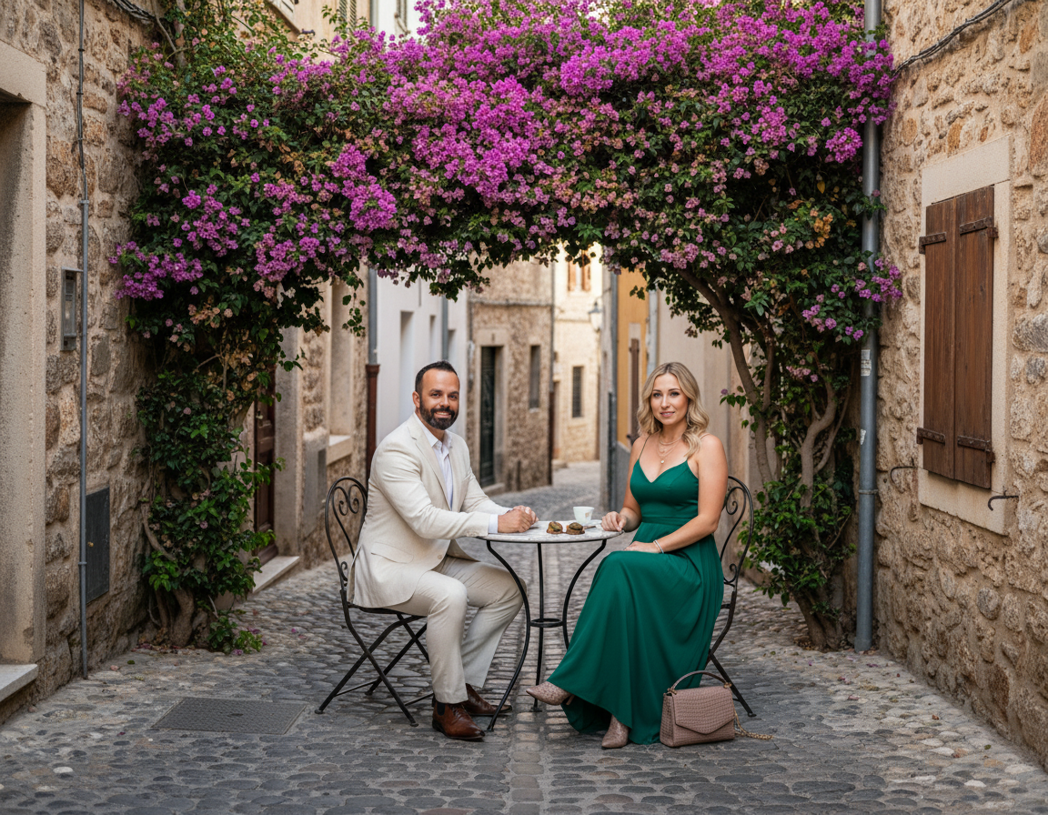 A man and woman sitting at a small round table with coffee and dessert in a cobblestone street café, under a large flowering arch with purple flowers, in a European village setting.