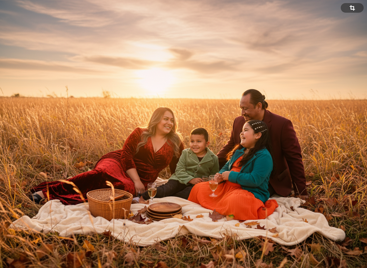 Family enjoying a picnic on a blanket in a field during sunset.