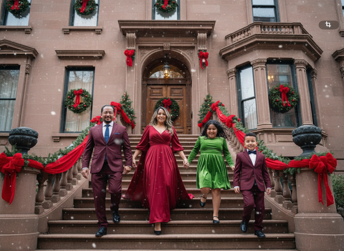 A family of four dressed in festive party clothes walking down outdoor stairs decorated with red ribbons and wreaths, in front of a brownstone building with Christmas wreaths and decorations.