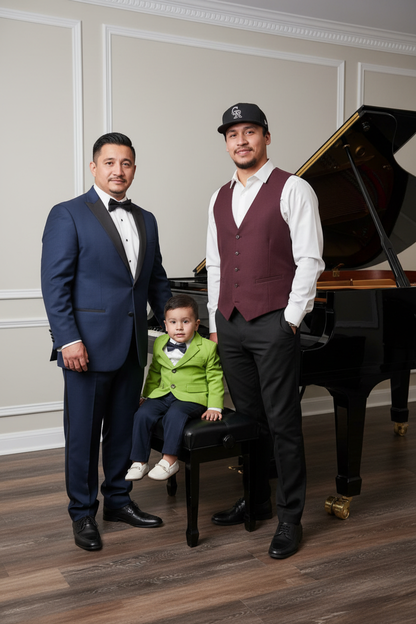 Three males in formal attire posing in front of a grand piano in a room with white walls and hardwood floors.