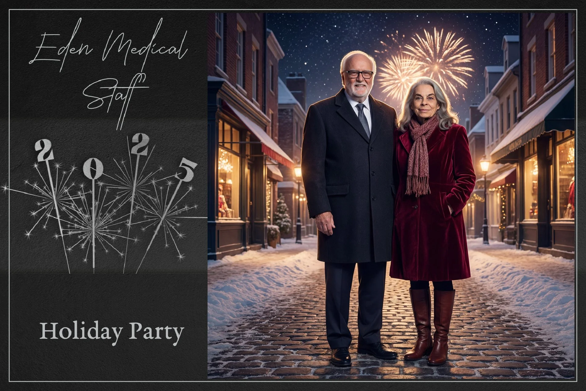 A photo of an older man and woman dressed warmly in coats with scarves, standing on a cobblestone street during winter with snow, shops lit with warm lights, fireworks in the night sky, and a sign reading 'Eden Medical Staff' and 'Holiday Party'.