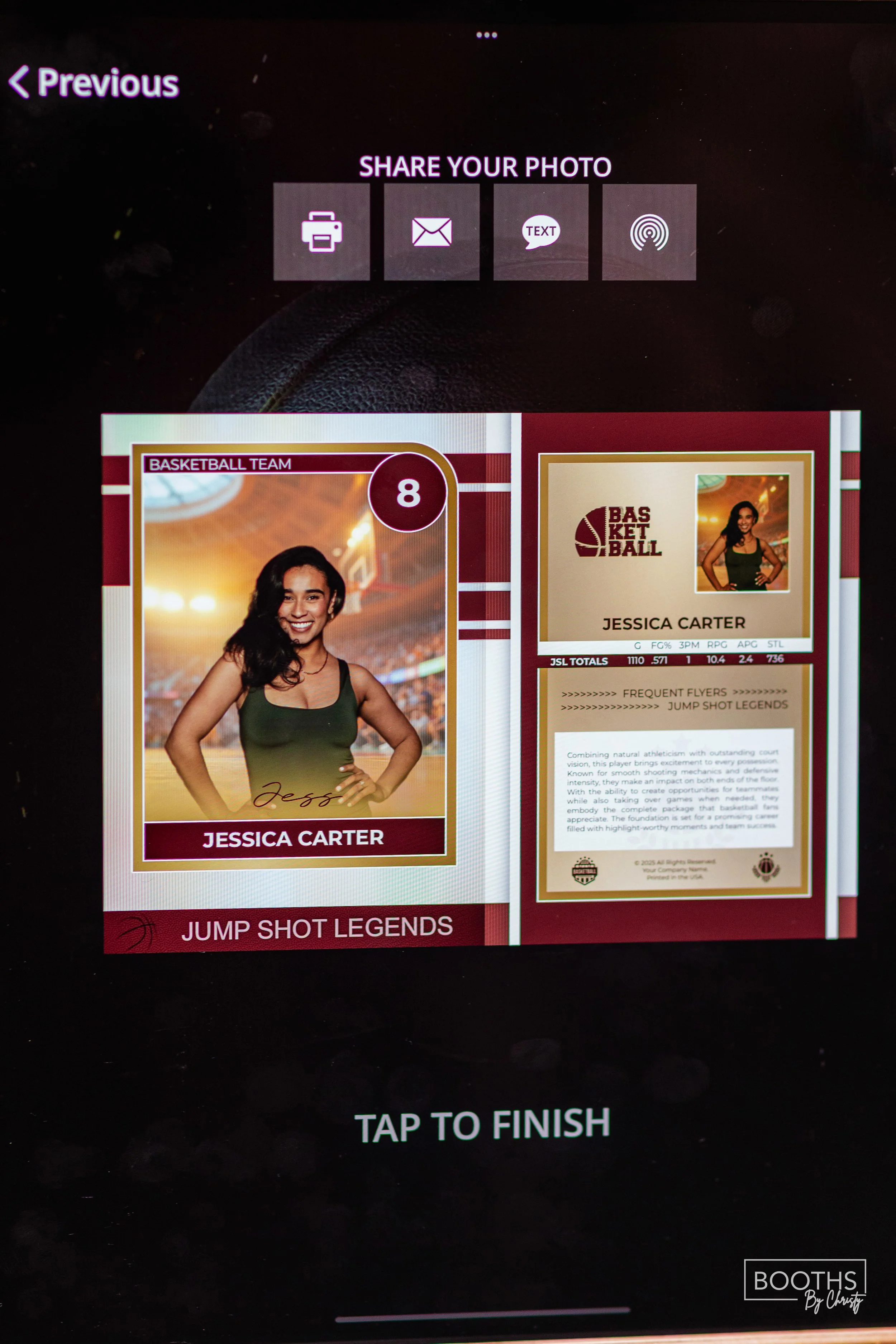 Digital sports card of Jessica Carter, a basketball player, with her photo, team logo, and statistics, accompanied by a detailed biography.