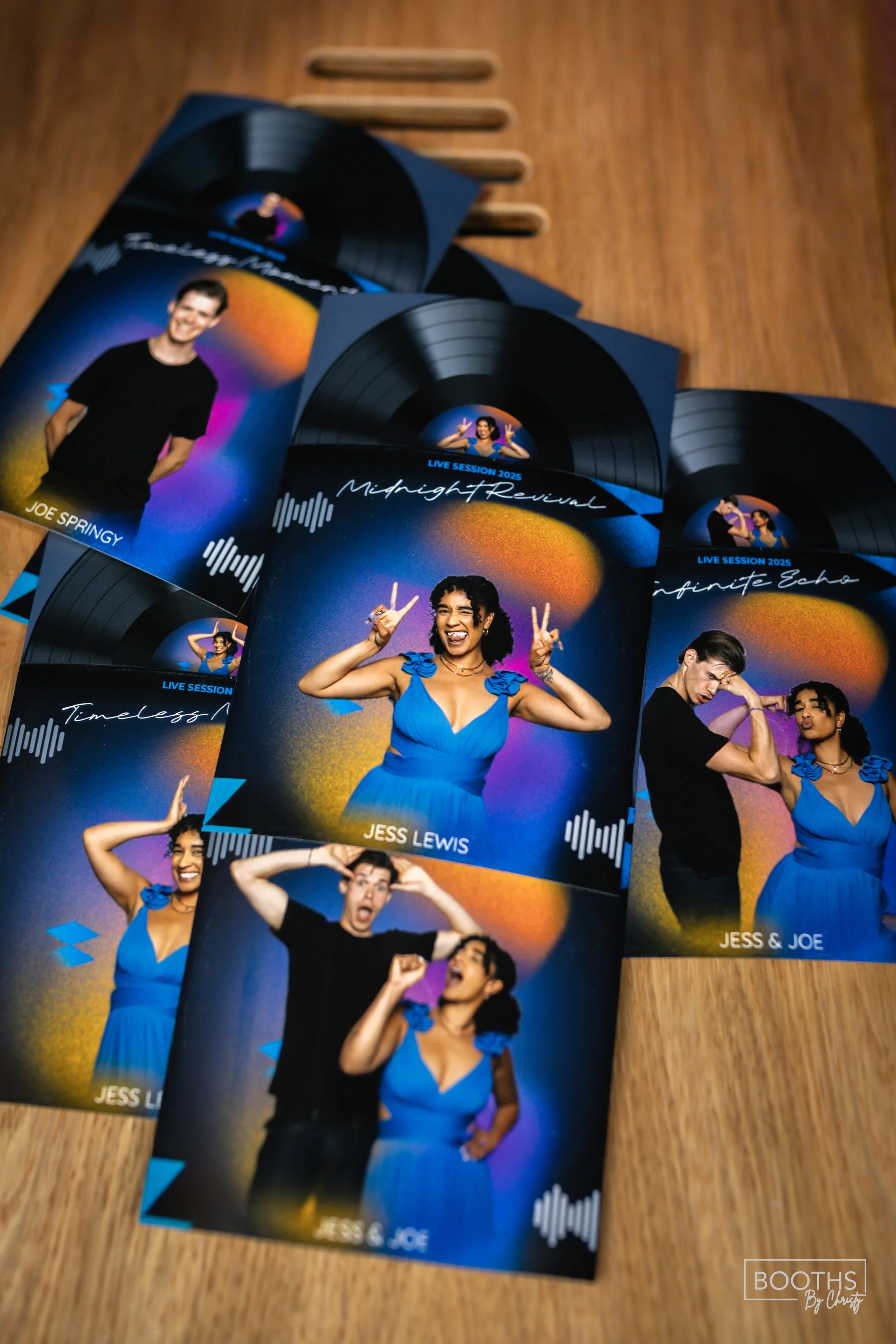 Promotional flyers for a live music session titled 'Midnight Revival' featuring photos of Jess Lewis, Jess & Joe, and Joe Springy, with vibrant colors and music-themed graphics.