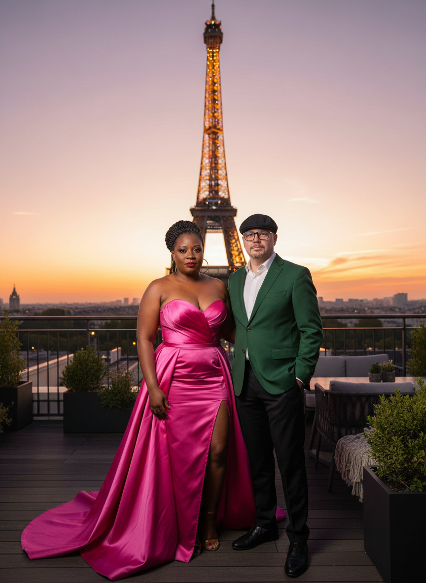 A man and woman stand together on a rooftop terrace with the Eiffel Tower lit up in the background during sunset. The woman wears a strapless pink satin gown with a high slit, and the man wears a green blazer, white shirt, black pants, and a flat cap