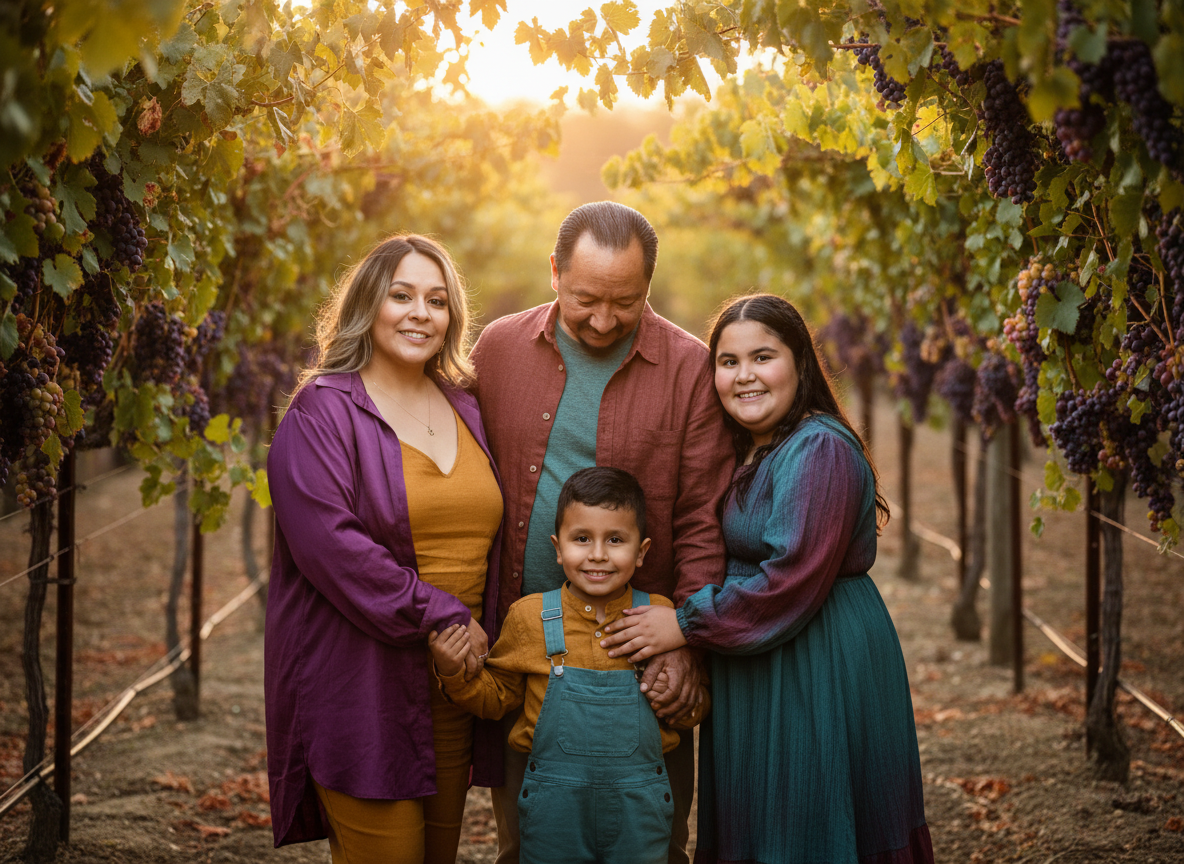 A family of five stands together in a vineyard during sunset, smiling and holding hands, surrounded by grapevines with ripe purple grapes.