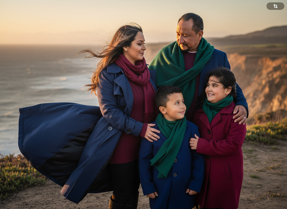 Family of four standing together outdoors on a cliff at sunset, with ocean and cliffs in the background. The parents and children are dressed warmly in coats and scarves, smiling and looking at each other.