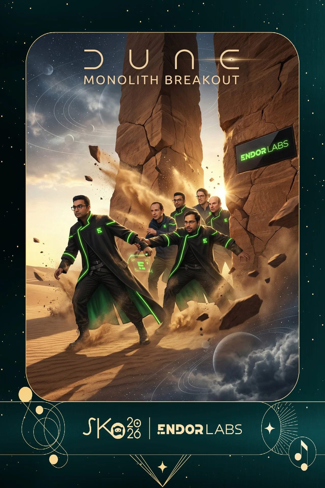A promotional poster for the game Dune: Monolith Breakout featuring six men in black coats with glowing green accents, breaking through a desert landscape with tall rock formations and a portal showing planets in the sky.