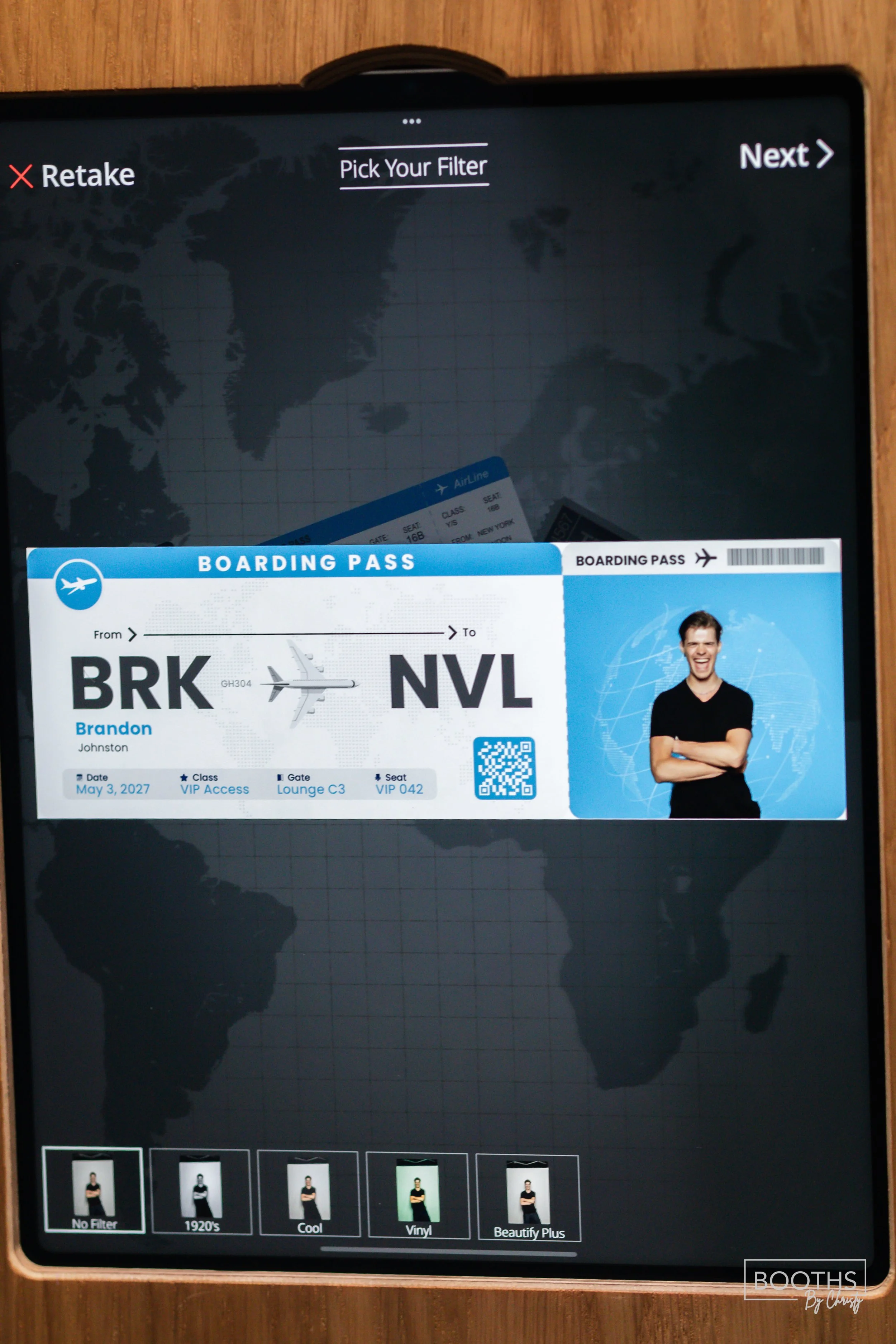 Boarding pass for flight from Brussels (BRK) to Las Vegas (NVL) issued to Brandon Johnston on May 3, 2027, with VIP access, lounge C3, seat VIP 042. QR code on the right side.