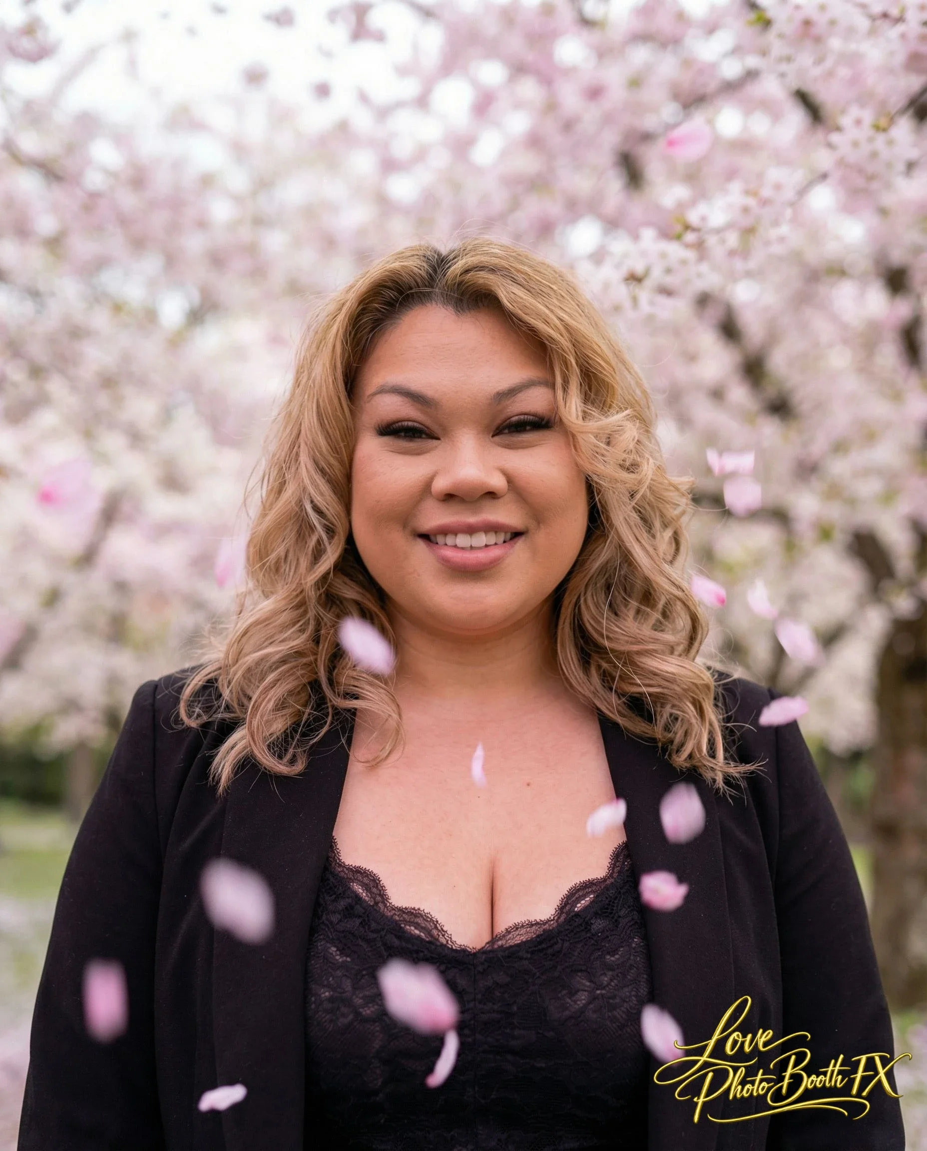 A woman with blonde wavy hair smiling outdoors with pink and white cherry blossom trees in the background. She is wearing a black lace top and a black blazer. Pink flower petals are falling around her. There is a gold logo in the bottom right corner 