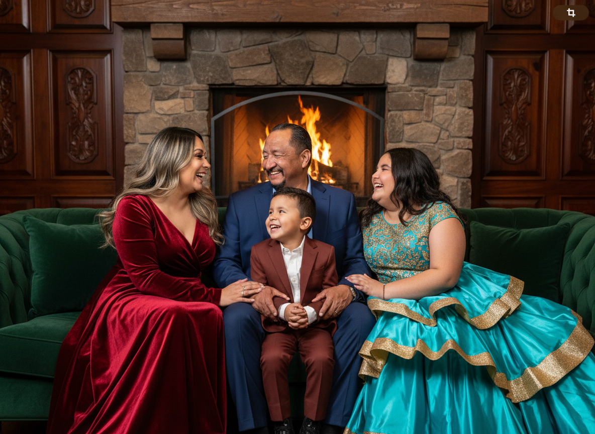 A family of four sitting on a green couch in front of a stone fireplace with a fire burning. The family includes a woman in a red velvet dress, a man in a blue suit, a young boy in a brown suit, and a woman in a blue and gold dress. They are all smil