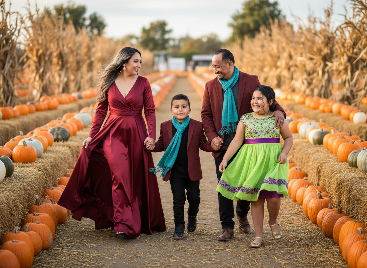 Family of four walking through a pumpkin patch, surrounded by rows of pumpkins and hay bales, during fall.
