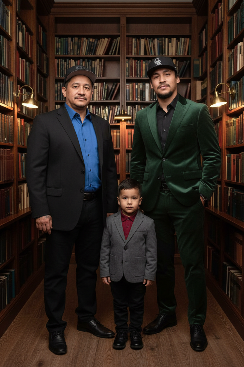 Two adult men and a young boy stand in a library among tall wooden bookshelves filled with books. The men are dressed in suits and hats, and the boy is wearing a gray blazer with a maroon shirt underneath. The lighting is warm, illuminating the scene