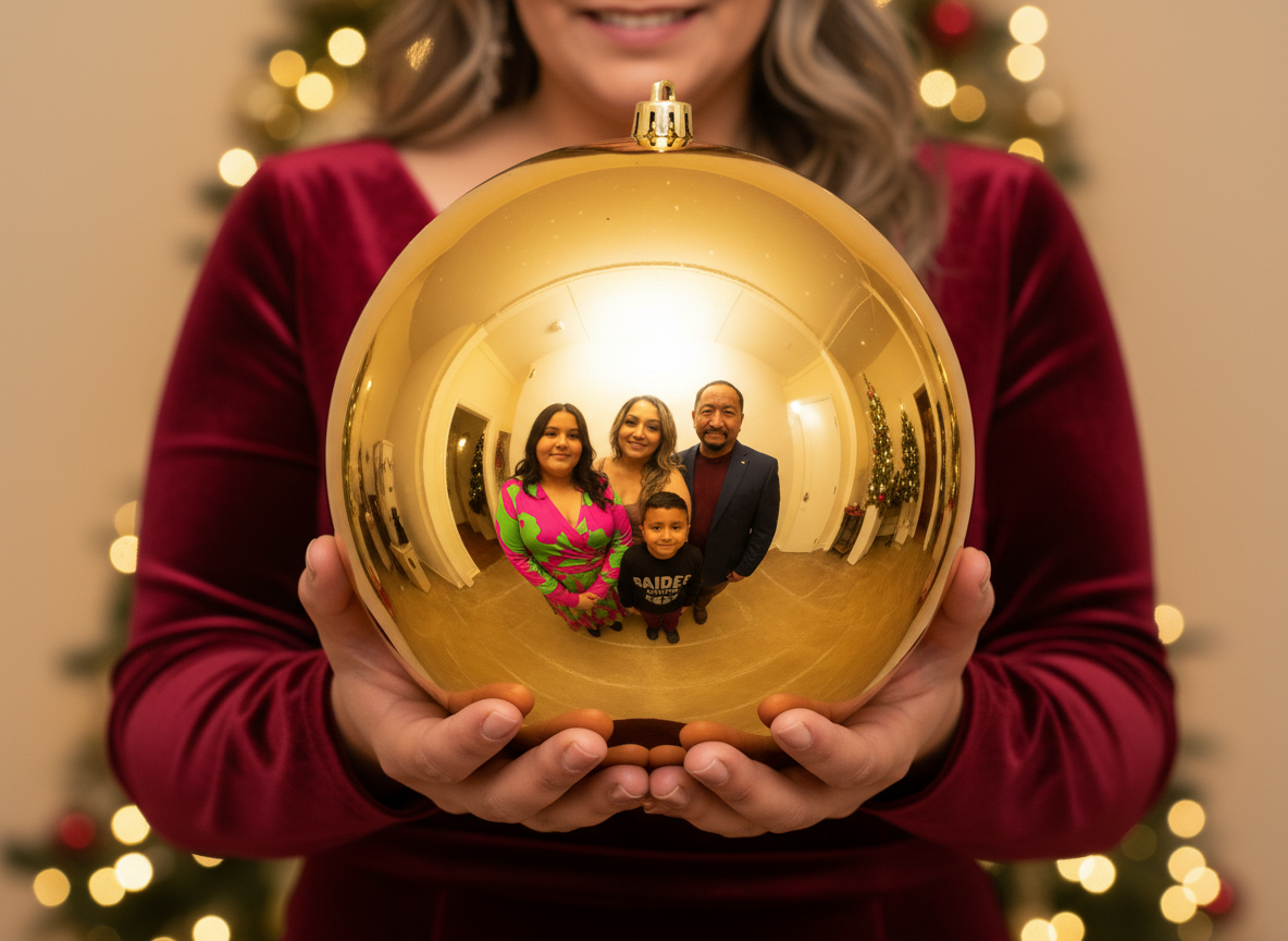 A woman in a red dress holding a shiny gold Christmas ornament that reflects her family of four, including two children and two adults, with a decorated Christmas tree in the background.