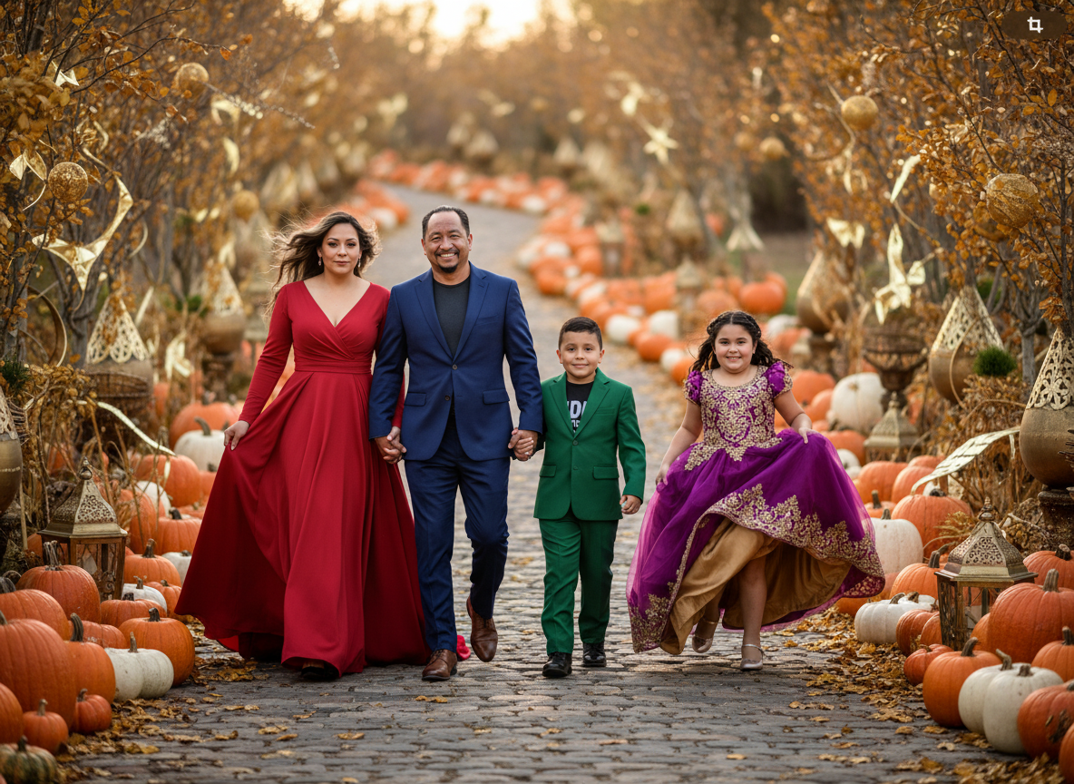 A family of four walking on a pumpkin-lined path decorated with gold ornaments, surrounded by autumn trees with orange leaves. The mother is wearing a red dress, the father a blue suit, the son a green suit, and the daughter a purple and gold dress.