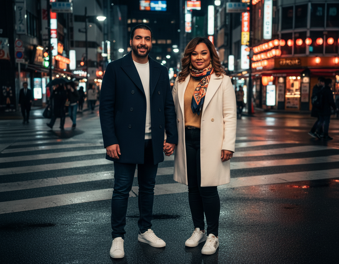 A smiling man and woman standing hand-in-hand on a crosswalk in a city at night, surrounded by illuminated billboards and neon signs.
