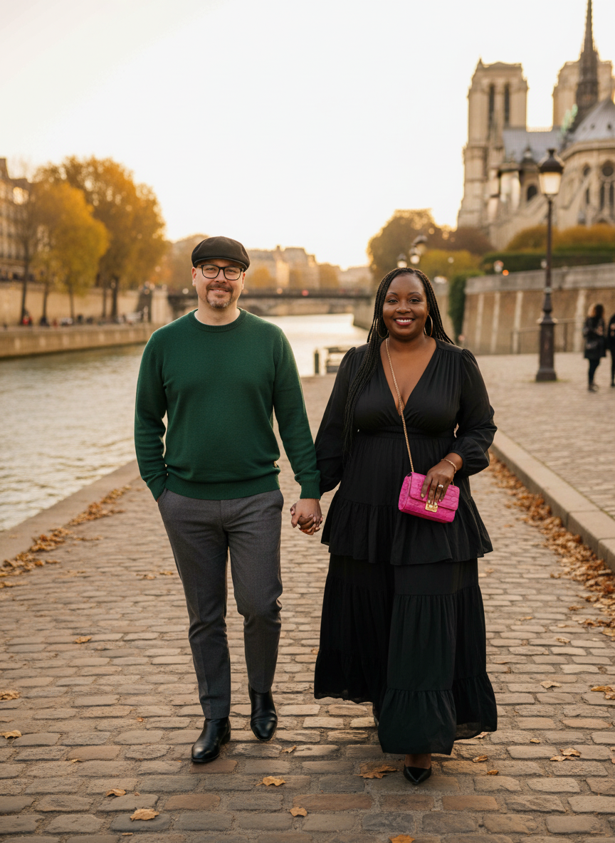 A couple holding hands walking along the Seine River in Paris during autumn. The man wears a green sweater, gray pants, and a hat. The woman is dressed in a black dress with a pink purse. The background features historic buildings and trees with fall