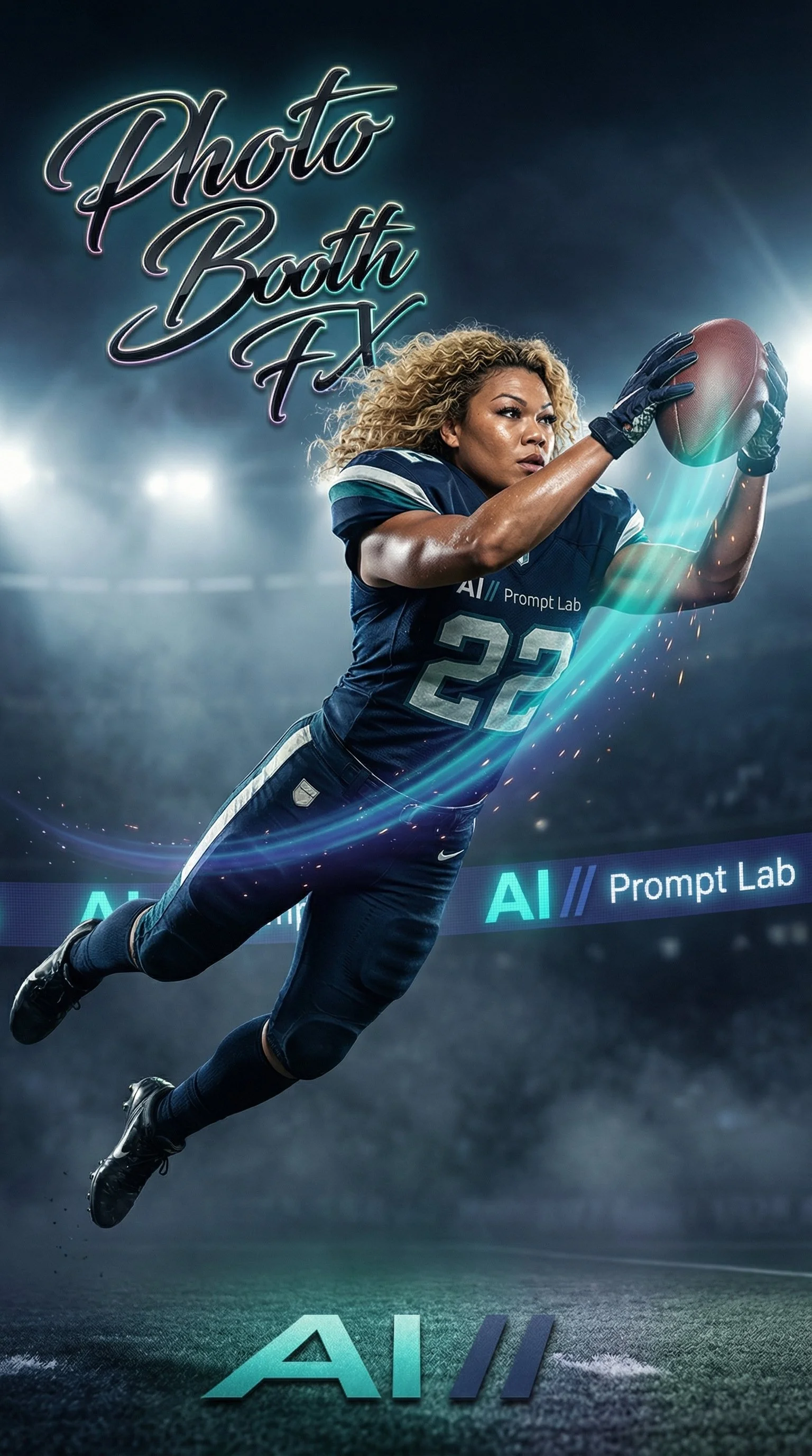 A female athlete wearing a football uniform with the number 22, catching a football in a stadium under bright lights, with digital effects and the words AIl Prompt Lab on the scene.