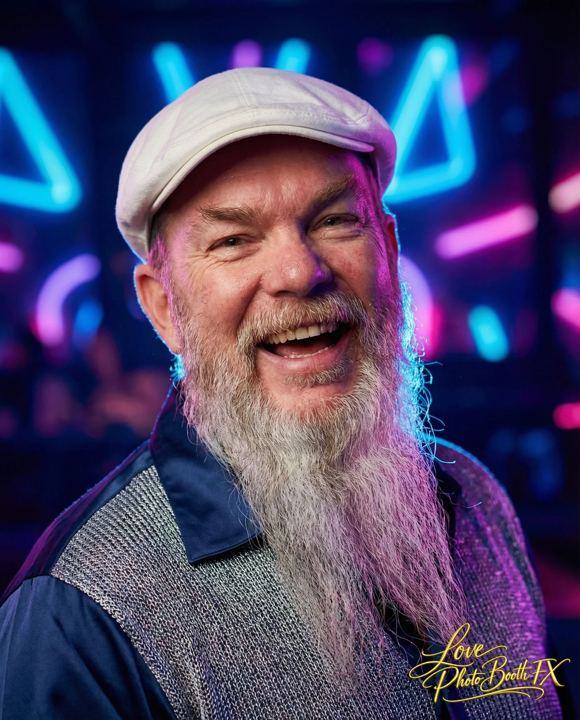 A smiling man with a long beard, wearing a white cap and a dark shirt with a patterned vest, in front of colorful neon lights at a photo booth event.