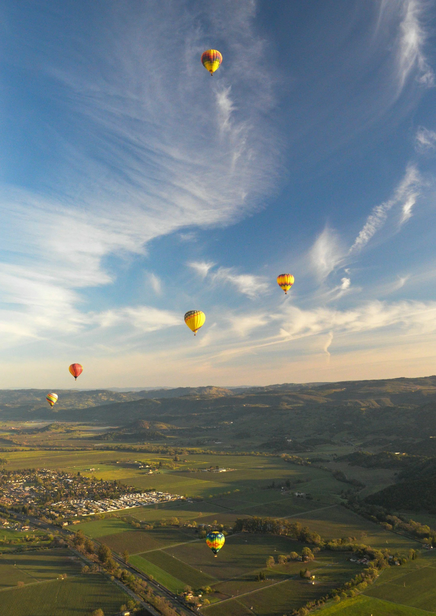 Several colorful hot air balloons flying over a green landscape with fields and hills during daytime.