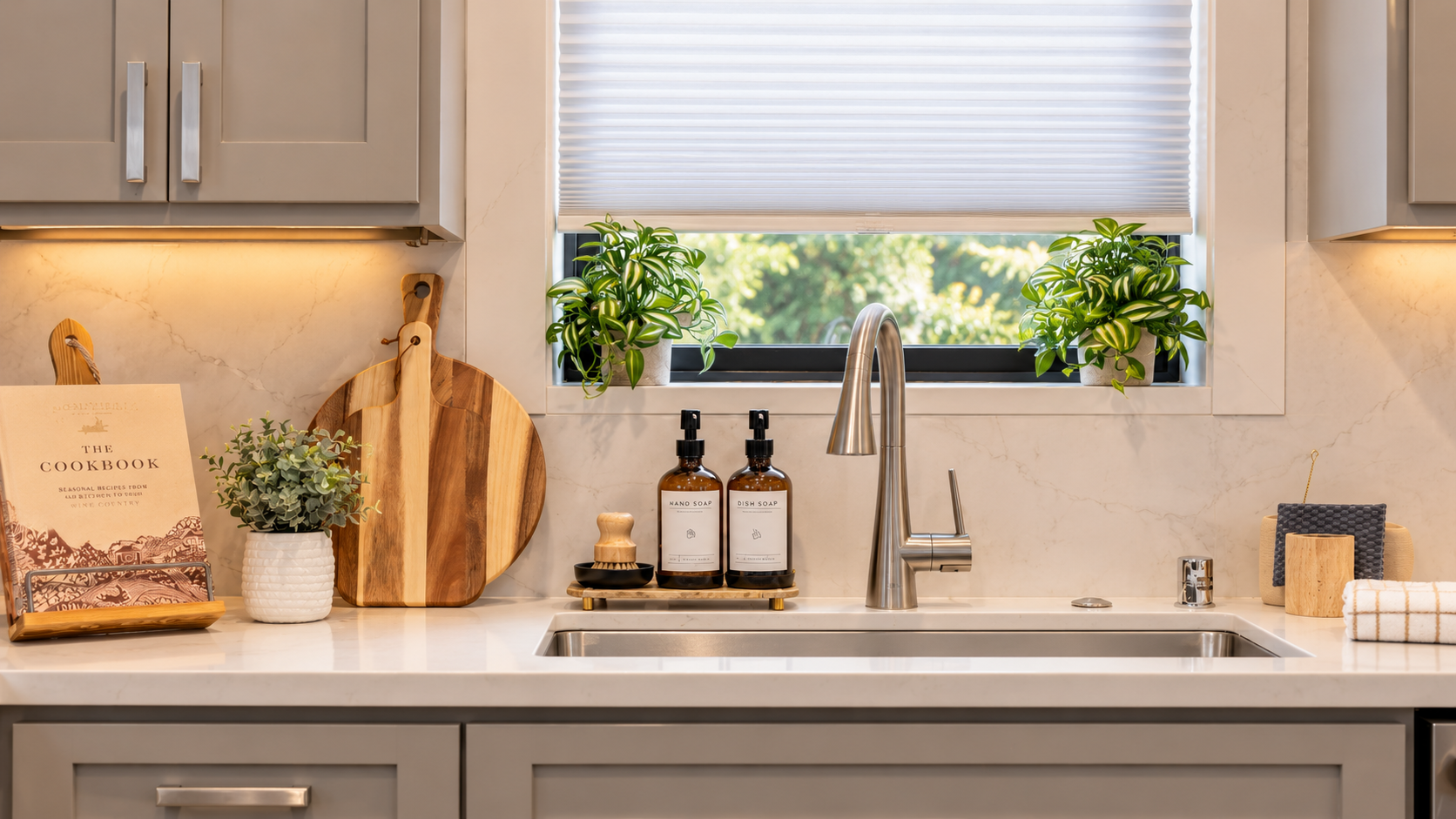 Modern kitchen countertop with potted plants, cutting boards, soap bottles, and a window with blinds.