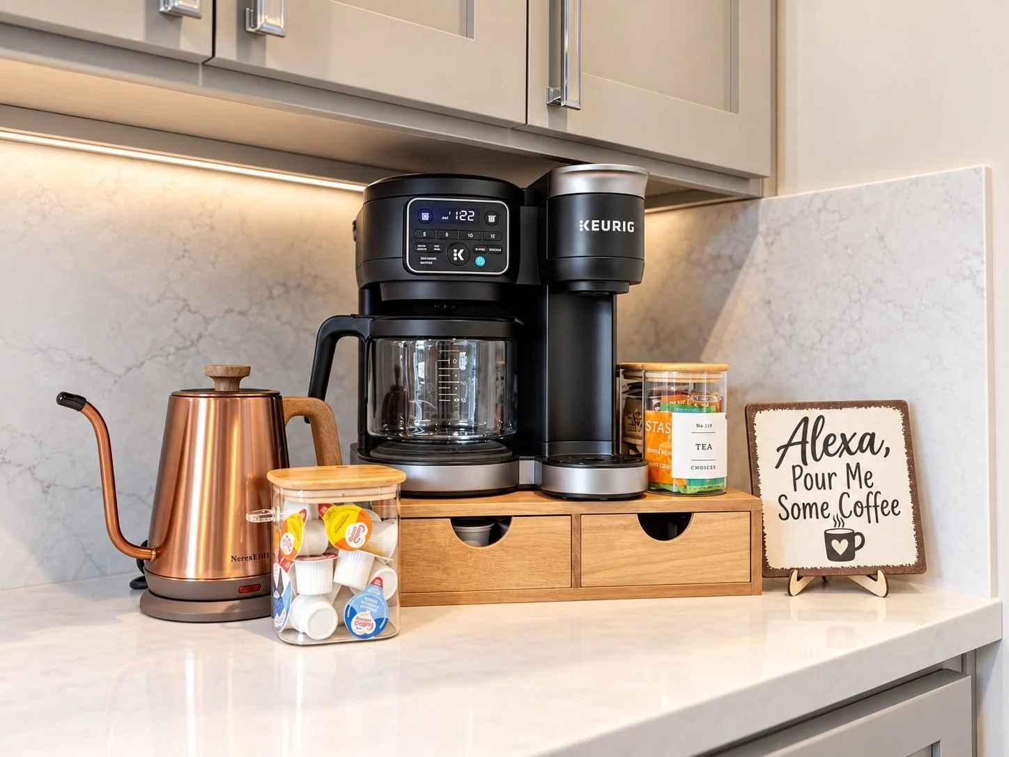 A countertop with a black Keurig coffee maker, a copper kettle, a jar of coffee creamer pods, a container of tea, and a decorative sign that reads 'Alexa, Pour Me Some Coffee.'