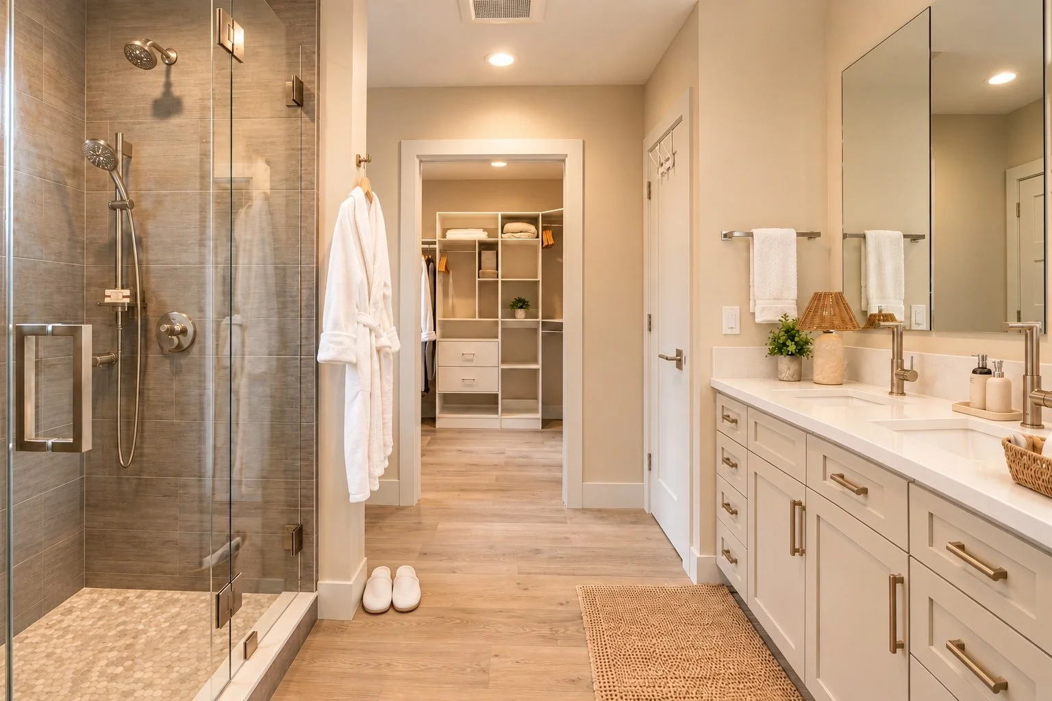 A modern bathroom with a glass-enclosed shower on the left, white double vanity cabinet with a large mirror on the right, and a walk-in closet visible through an open doorway at the end.