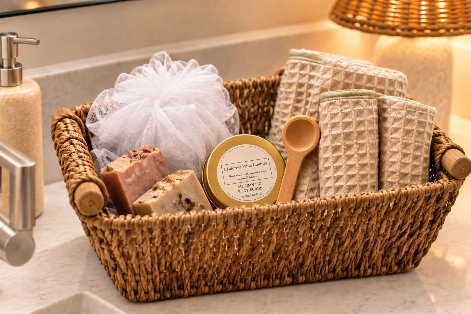 A wicker basket on a bathroom counter containing bar soaps, a white bath loofah, body scrub, and folded towels, with a soap dispenser and a lamp nearby.