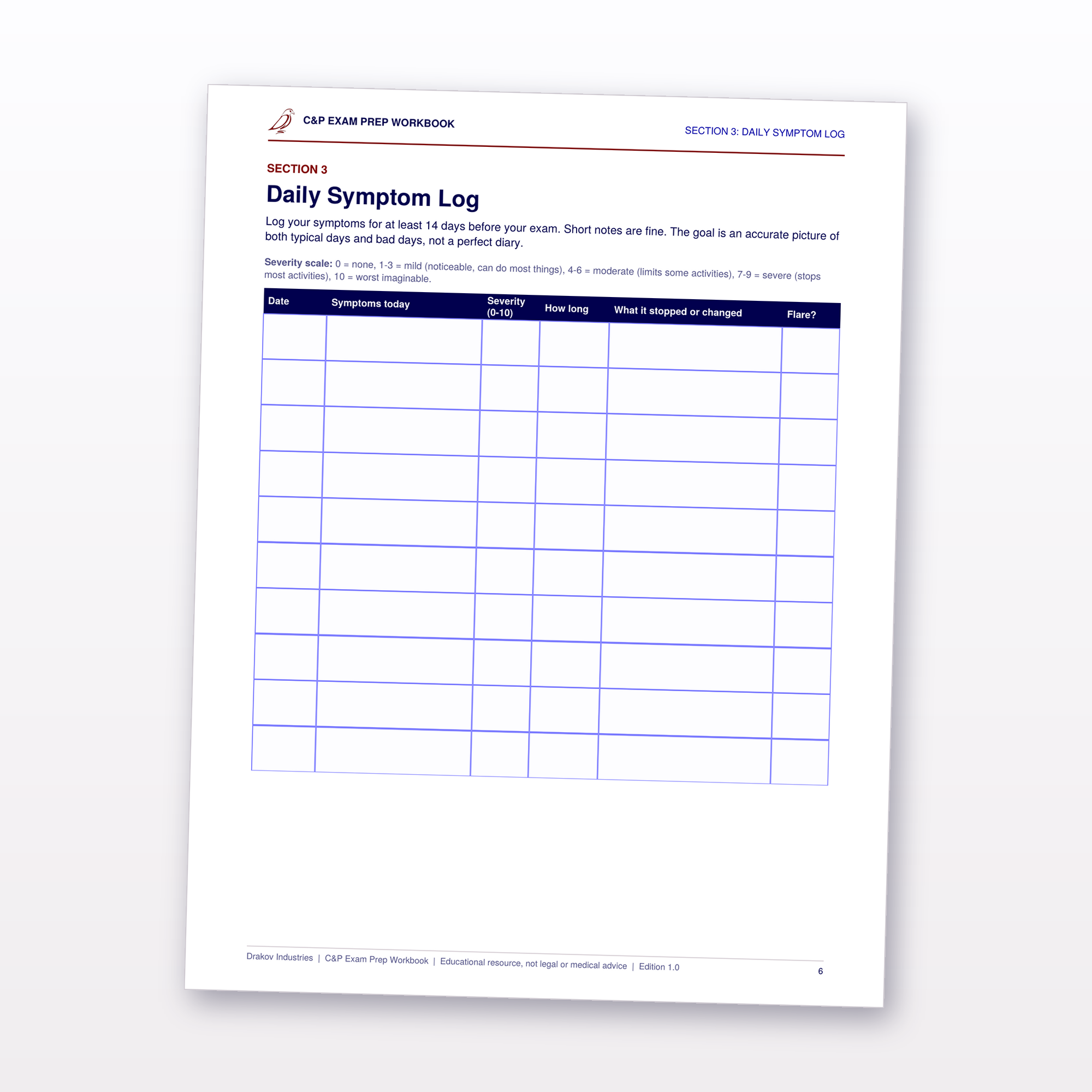 Daily symptom log page