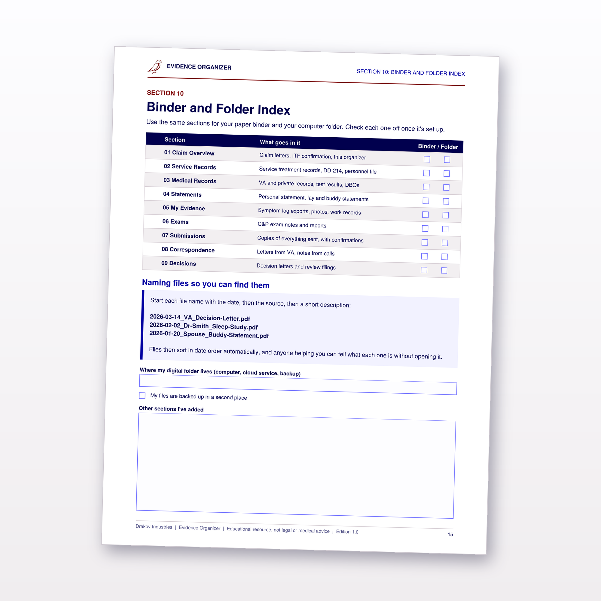 Binder and folder index with file-naming guide