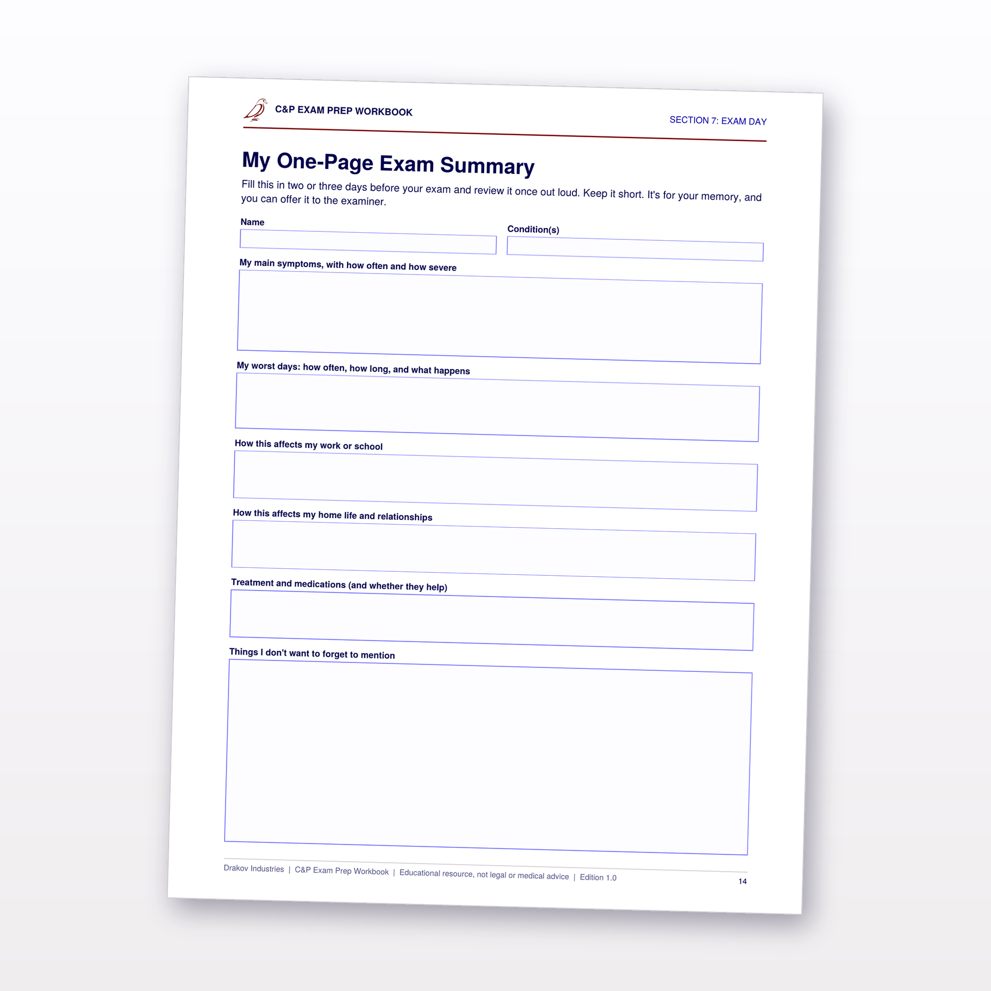 One-page exam summary worksheet