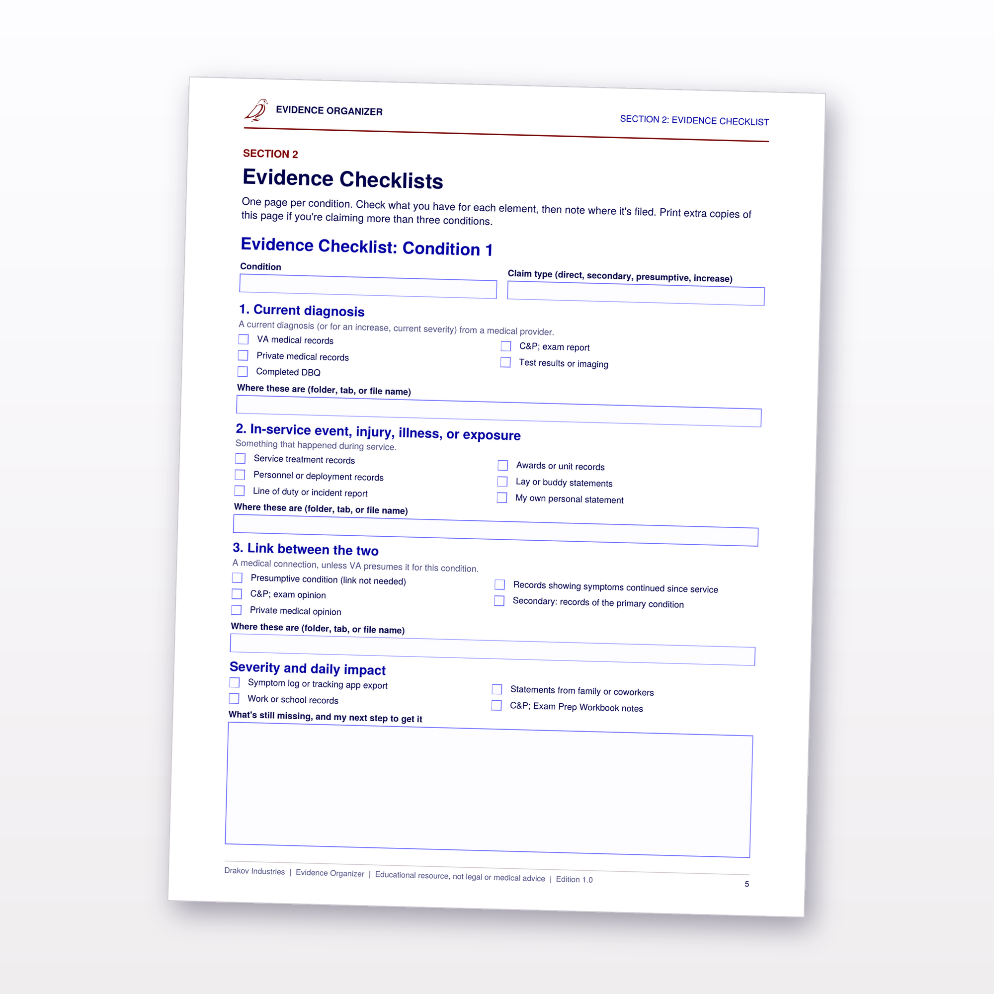 Evidence checklist for each condition