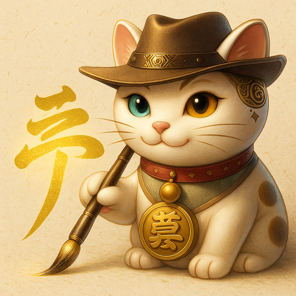 猫のイラスト、片方ずつ青と金色の目を持ち、カウボーイハットをかぶっている。猫は筆を持ち、背景には金色の漢字が書かれている。