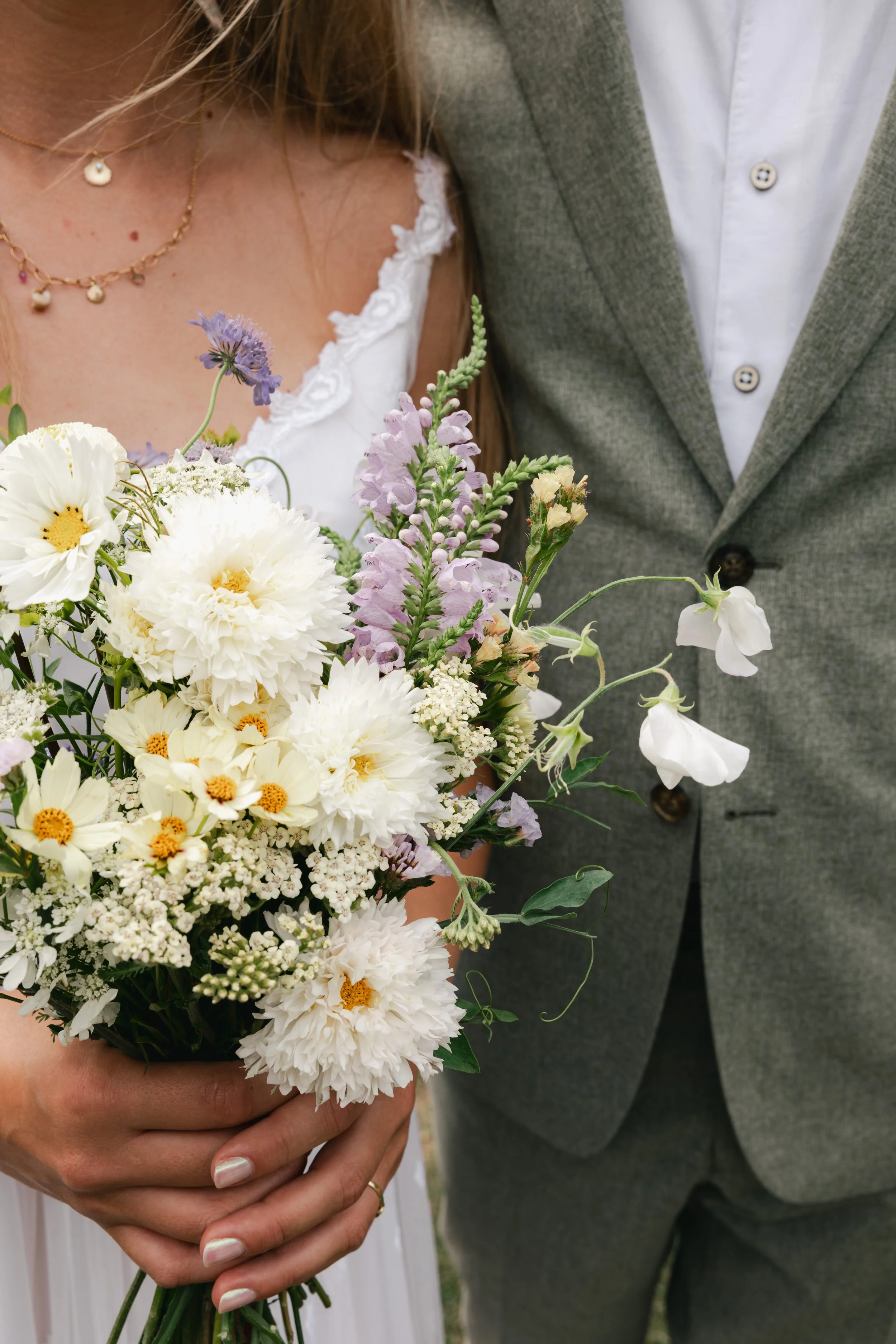 A bride holding a bouquet of white, lavender, and yellow flowers next to a groom dressed in a gray suit.