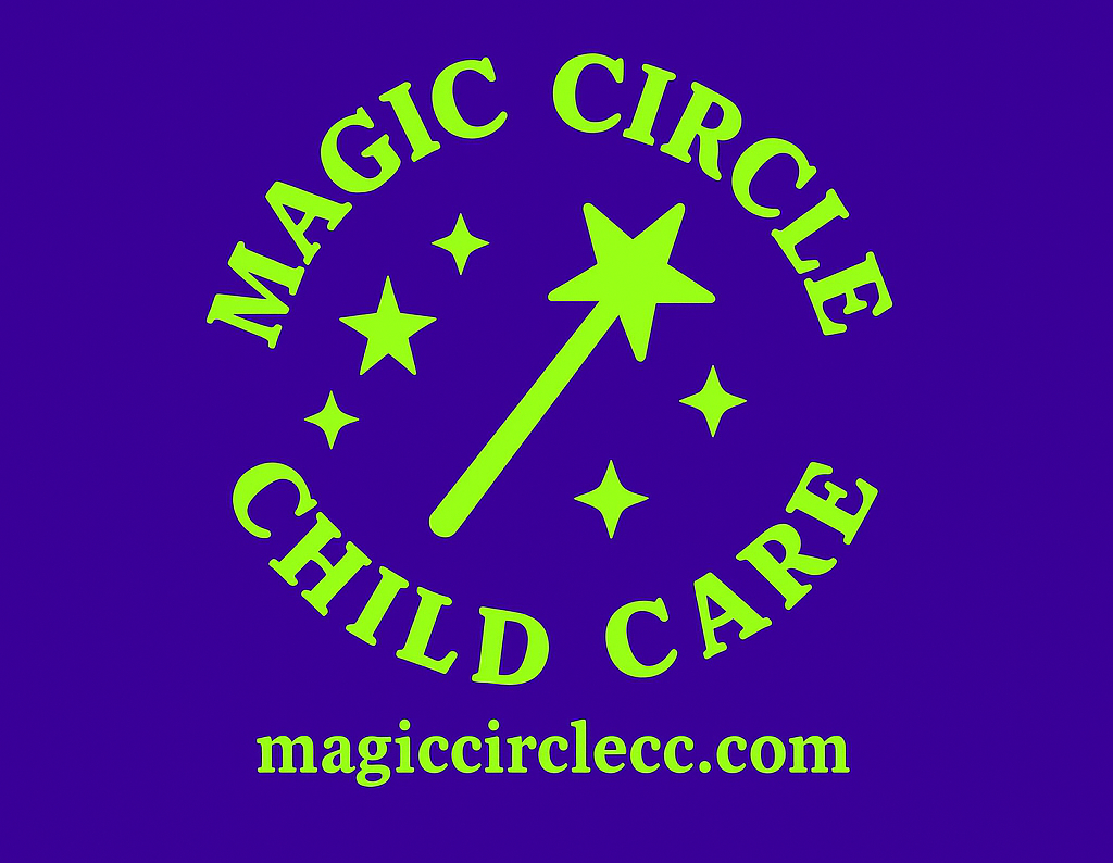 Logo for Magic Circle Child Care with a magic wand and stars, featuring the website magiccirclecc.com.