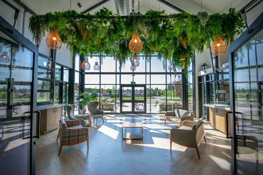 Bright indoor lounge area with large glass windows, hanging wicker lights, and a ceiling decorated with greenery.