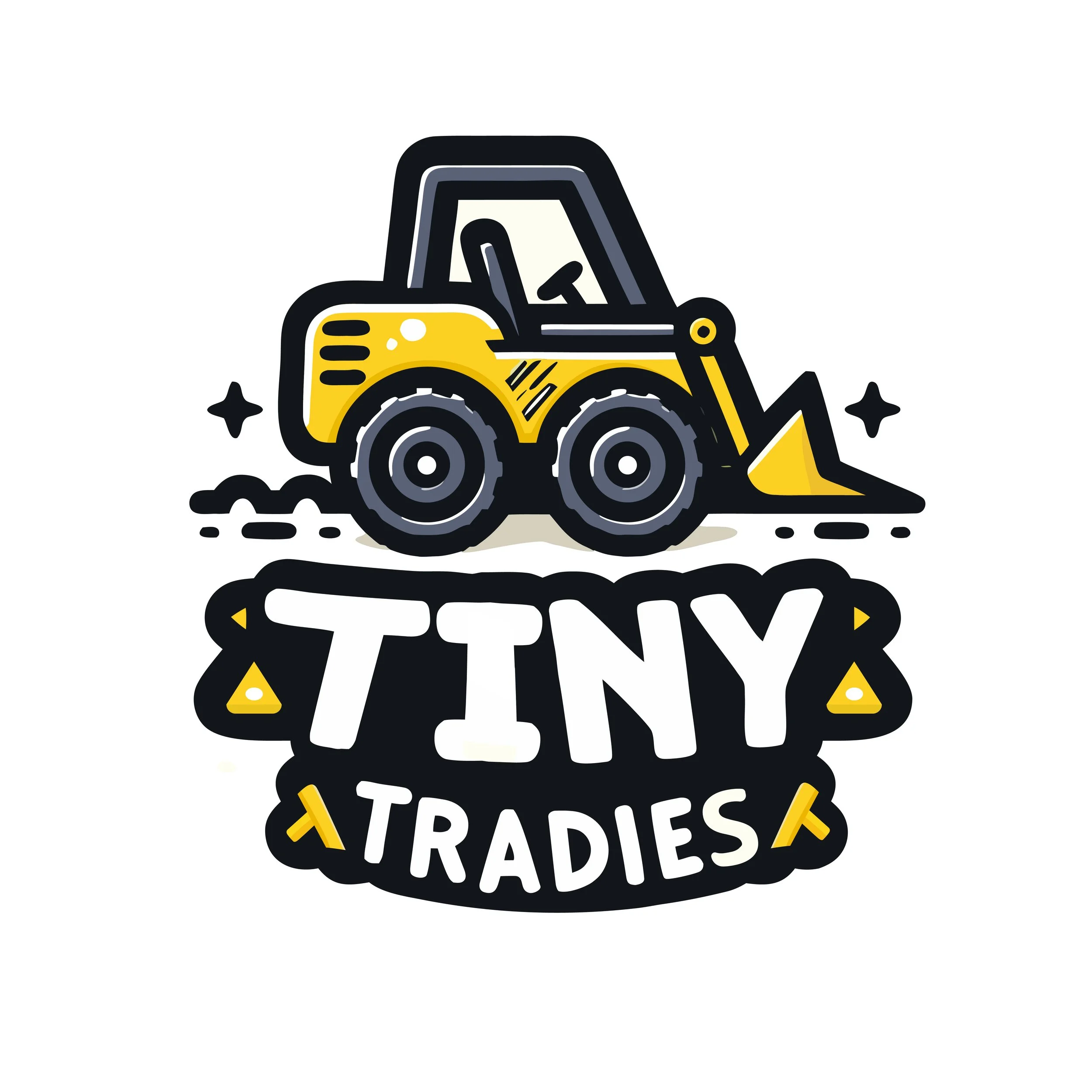 A cartoon illustration of a small yellow bulldozer with black wheels and a front blade, with the text "Tiny Tradies" in bold white and yellow letters underneath.