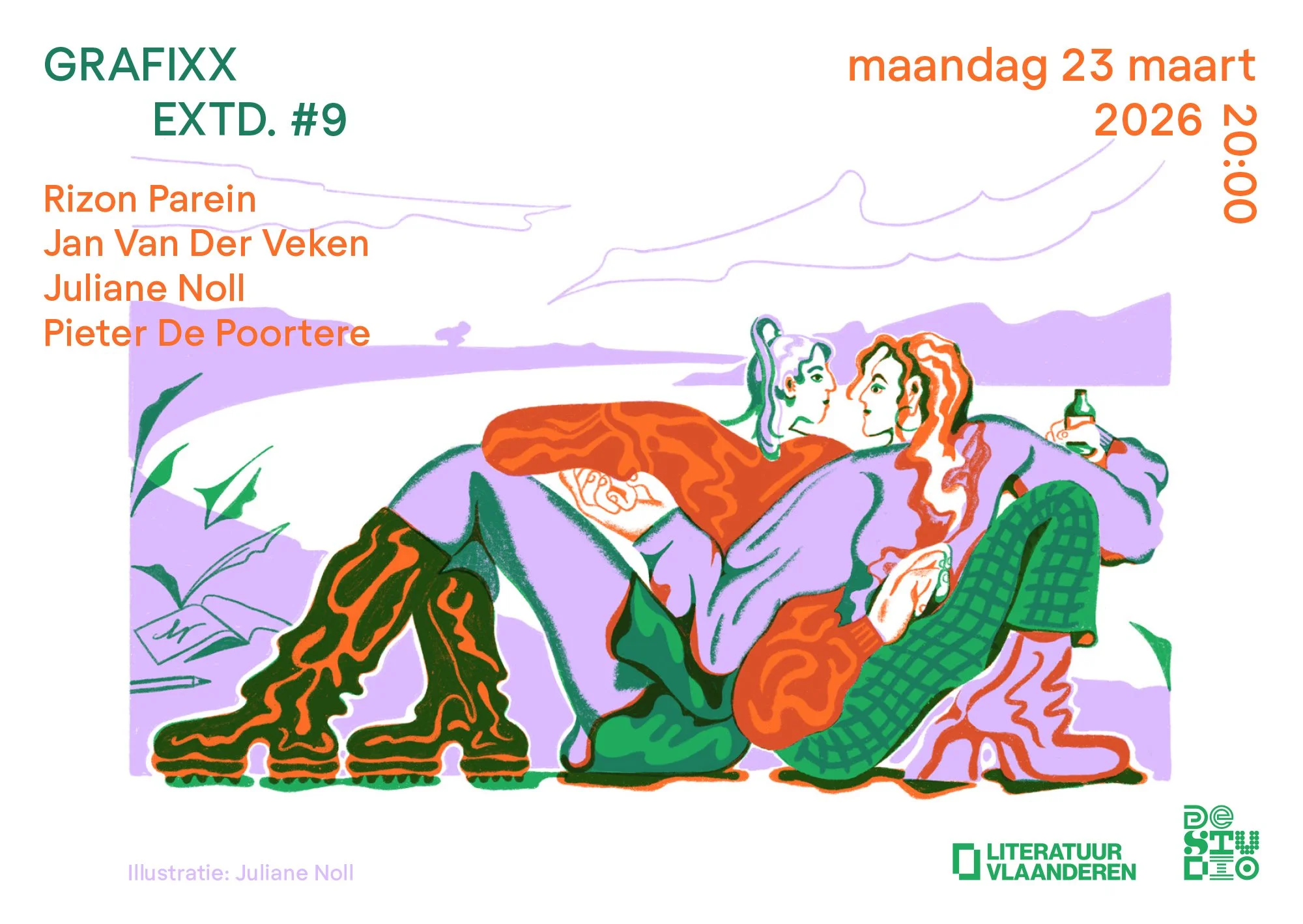 Illustratie van twee vrouwen die op een ligbed liggen, met een landschap en wolken op de achtergrond. De afbeelding bevat tekst over een literair evenement op 23 maart 2026, georganiseerd door Literatuur Vlaanderen.