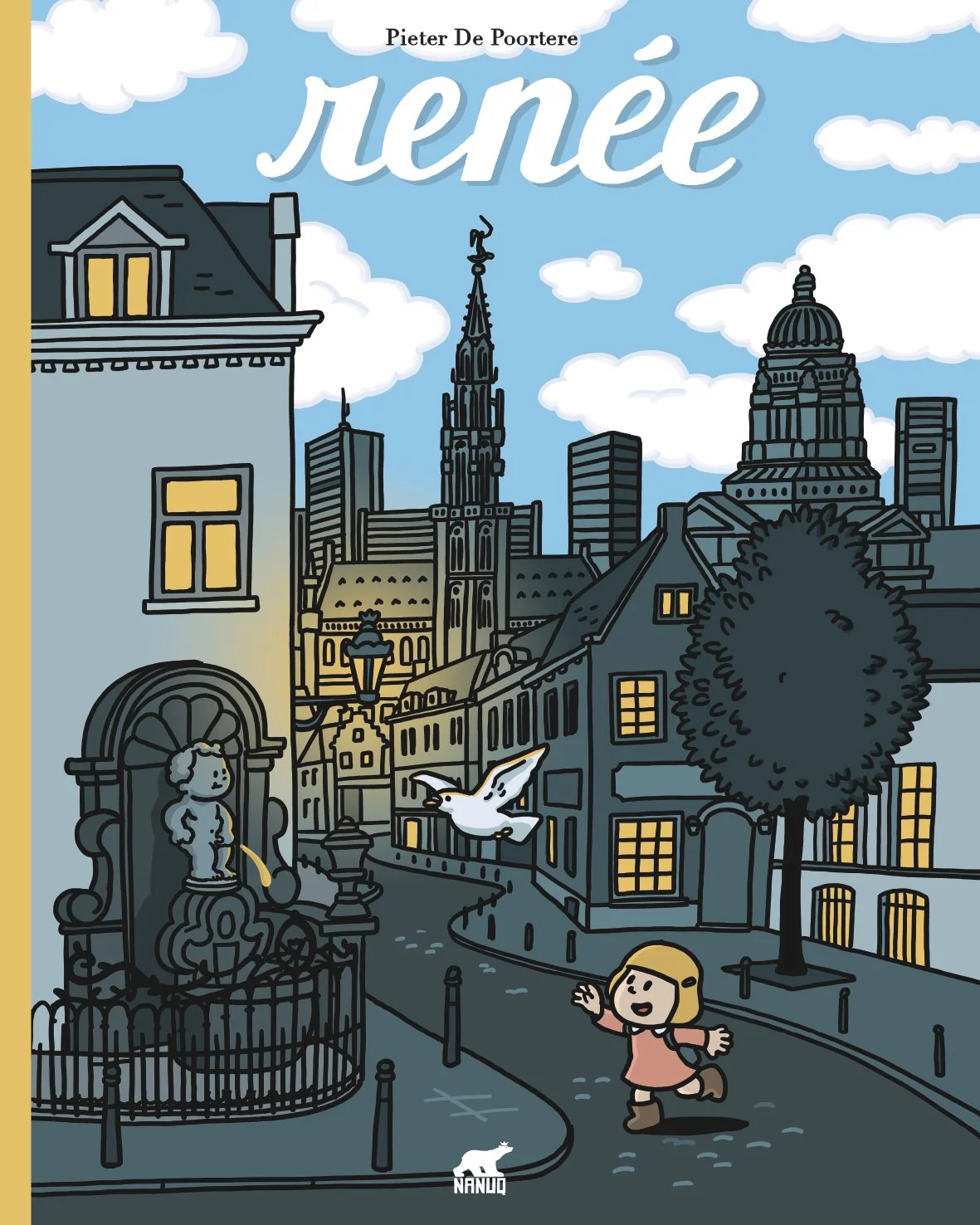 Een tekening van een stad met historische en moderne gebouwen, een fontein met een beeld, een grote boom, een eenzame jonge meisje die vrolijk rent en een witte vogel die vliegt. De achtergrond toont een blauwe lucht met witte wolken.