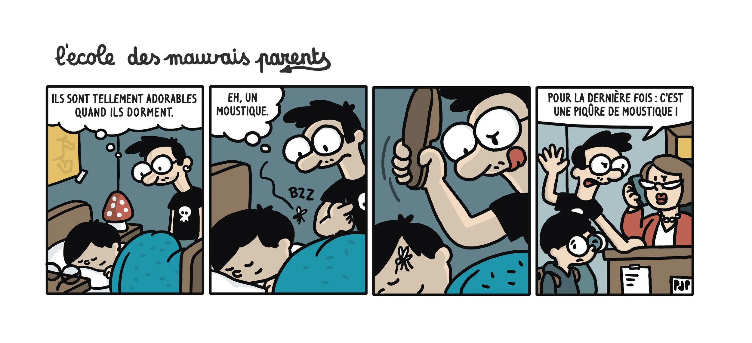 Stripverhaal van een kind dat wakker wordt en een mugje ziet, de mugjes steken het kind vaak, maar in de laatste scène krijgt het kind een muggenbeet met een prik.