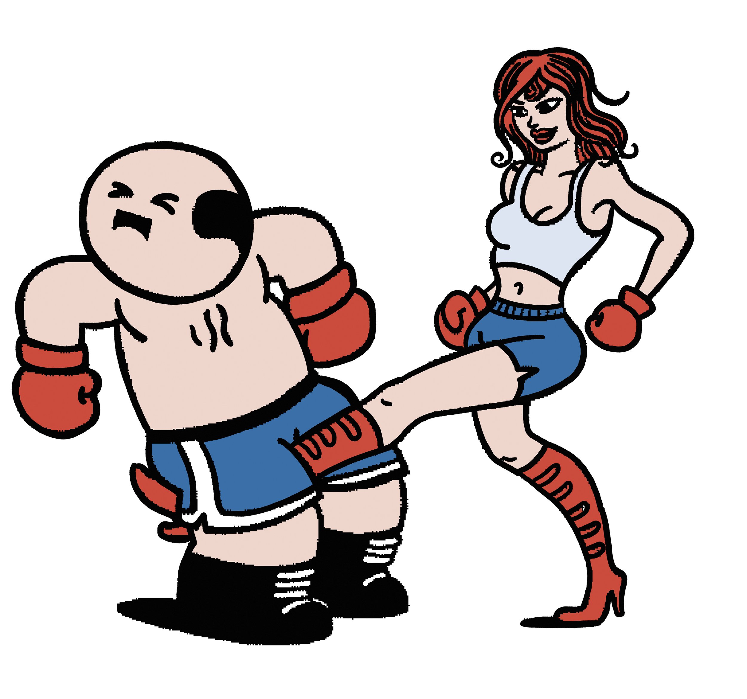 Cartoon van een man en vrouw die samen traingen. De man draagt bokshandschoenen en shorts, de vrouw draagt ook bokshandschoenen, een top en hoge hakken terwijl ze een trap uit voert.