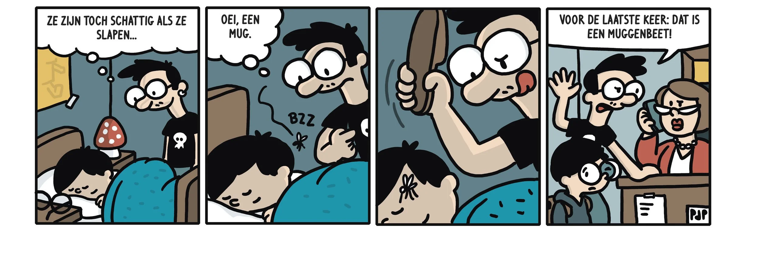 Een stripverhaal met vier panelen waarin een jongen in slaap valt, wakker wordt en iemand belt, en de vrouw aan de andere kant zegt dat hij sinds de laatste keer dat hij belde, een muisbeen heeft.