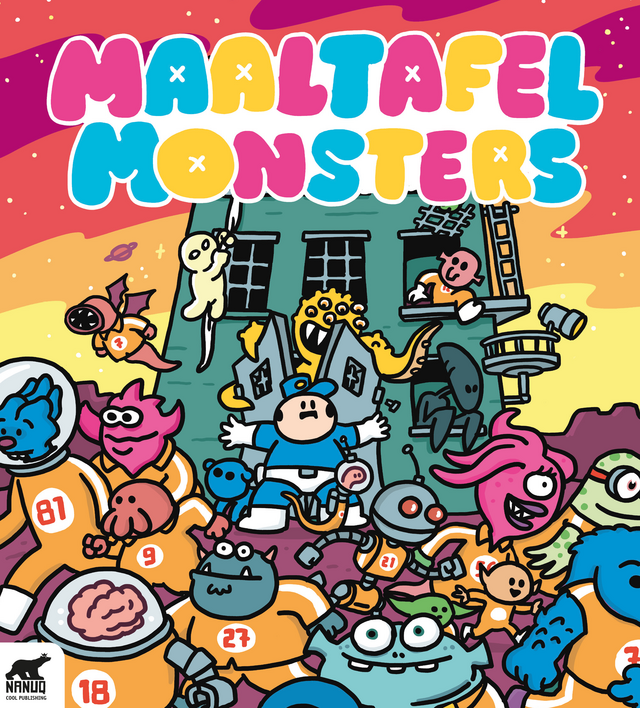 Colorijke illustratie van de knuffelmaan, met meerdere gekke monsters en figuren en de titel 'Maaltijfel Monsters' bovenaan.